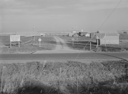 Entrance to Nyssa Farm family labor camp, FSA mobile unit...1, Near Nyssa, Oregon, 1939. Creator: Dorothea Lange.