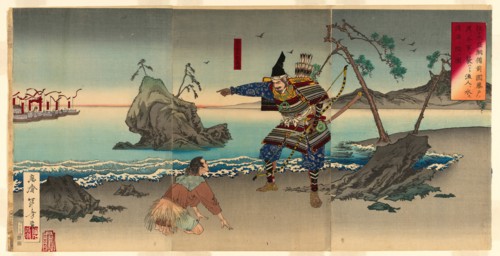 Sasaki Moritsuna Asking Fisherman to Reveal the Shallows Where His Troops can Cross and At..., 1884. Creator: Mizuno Toshikata.