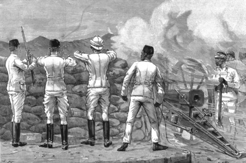''The Siege of Suakin (north eastern Sudan) Fort Gemaizeh in Action; from sketches by the late Mr. R Creator: Richard Wake.