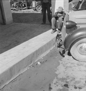 Outside FSA grant office during the pea harvest, Calipatria, California, 1939. Creator: Dorothea Lange.