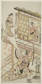 The Actors Ichikawa Ebizo II as Mushanosuke, Segawa Kikunojo I as Ochiyo, and Matsushima K..., 1744. Creator: Torii Kiyonobu II.