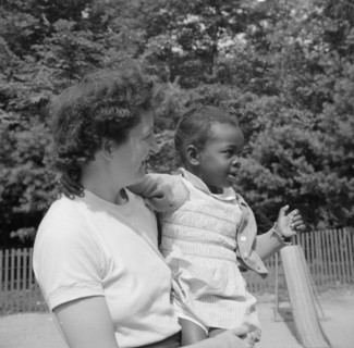 Mrs. Janet P. Murray with nursery school camper, Camp Ellen Marvin, Arden, New York, 1943. Creator: Gordon Parks.