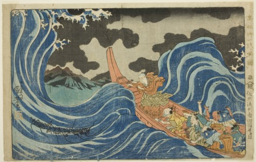 Casting a Mantra on the Waves at Kakuta on His Exile to Sado Island (Sashu rukei..., c. 1830/35. Creator: Utagawa Kuniyoshi.
