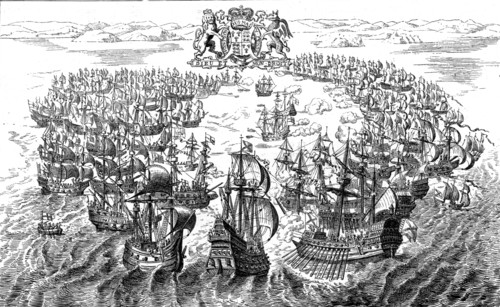 ''Engagement between the English and Spanish Fleets off the Isle of Wight, 1588, after a Tapestry in Creator: Unknown.
