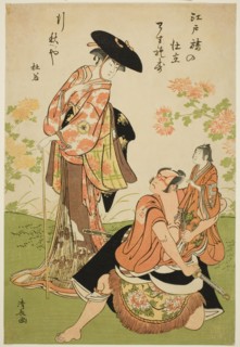 The Actors Iwai Hanshiro IV as Kuzunoha, Ichikawa Yaozo III as Yakanpei, and Ichikawa Ebiz..., 1784. Creator: Torii Kiyonaga.