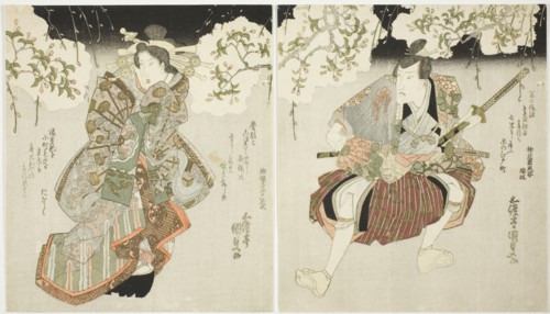 The actors Onoe Kikugoro III (R) as Nagoya Sanza and Iwai Kumesaburo II (L) as the courtes..., 1827. Creator: Utagawa Kunisada.