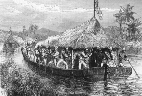'Blue-Jackets and Marines Poling the British Expedition Up The Perak River', c1891. Creator: James Grant.