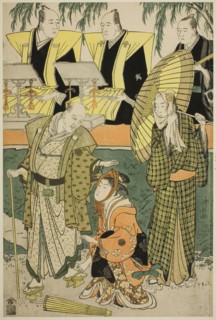 The Actors Bando Matakuro IV as Chubei, Osagawa Tsuneyo II as Umegawa, and Nakamura Katsug..., 1783. Creator: Torii Kiyonaga.