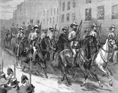 ''The Melbourne CentennialInternational Exhibition-Mounted Infantry escorting the Govenor to the exh Creator: Unknown.