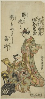 The Actors Bando Aizo as the courtesan Kewaizaka no Shosho and Ichikawa Raizo I as Soga no..., 1766. Creator: Torii Kiyomitsu.
