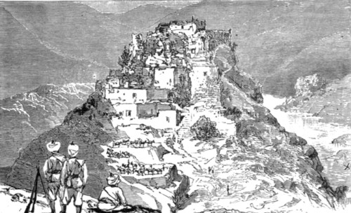 ''Notes in the Black Mountains and Sikkim Campaign's, Northern India; The Village of Kotkai, looking Creator: Unknown.