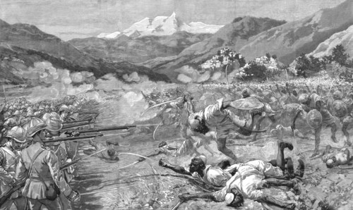 ''The Black Mountain Expedition, Western Himalayas; Ghazi Fanatics Charging the 18th Royal Irish at  Creator: Unknown.
