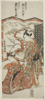 The Actors Sakakiyama Sangoro as the page boy Kichisaburo and Segawa Kikunojo II as Oshich..., 1759. Creator: Torii Kiyomitsu.