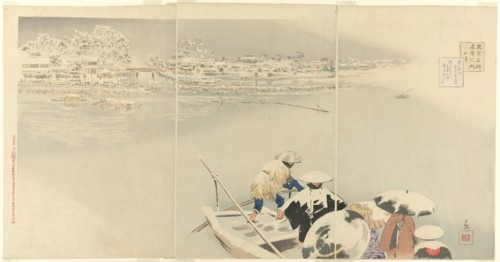 Second Month: Matsuchi Hill in Snow at Dusk (Kisaragi, Matsuchiyama yuki no tasogare), fro..., 1896. Creator: Kobayashi Kiyochika.