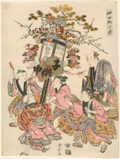 Carrying a Lantern Decorated with a Pavilion, Gohei, Flowers, and Fan (Sekiguchi-cho..., 1779. Creator: Torii Kiyonaga.