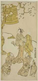 The Actors Segawa Kikunojo II, Ichikawa Komazo II, and Arashi Otohachi I in the play "Fude..., 1768. Creator: Torii Kiyotsune.