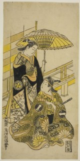 The Actors Ichikawa Monnosuke I as Kusunoki Masatsura and Arashi Wakano as Oyuki in the pl..., 1723. Creator: Okumura Toshinobu.