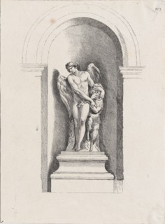 Standing male angel looking down to left and holding a ram; a..., possibly mid to late 18th century. Creator: Anon.