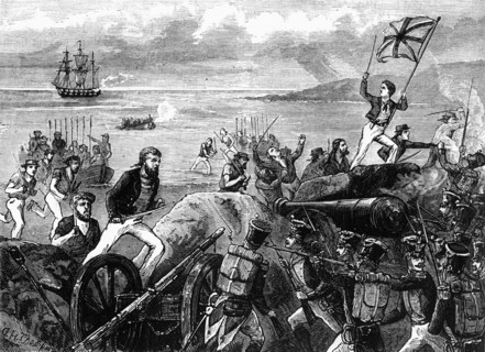 'Attack of the Blue-Jackets on Port Jacotel', c1891. Creator: James Grant.