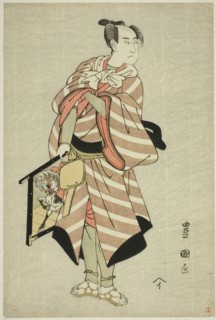 The actor Sawamura Sojuro III as the packhorse-man Muchizo in the play "Miyamairi Musub..., c. 1797. Creator: Utagawa Toyokuni I.