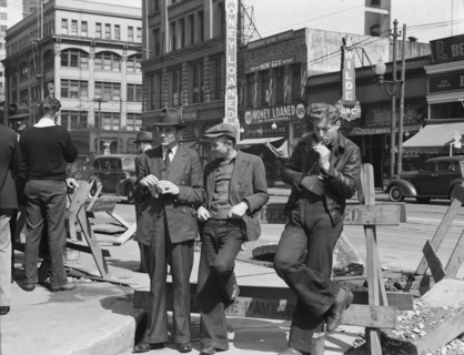 Unemployed young men pause a moment..., Salvation Army, San Francisco, California, 1939. Creator: Dorothea Lange.