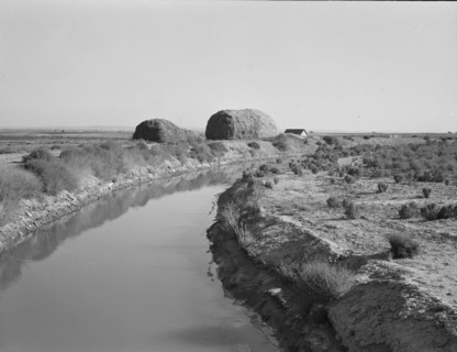 Irrigation canal and the preacher's farm, Dead Ox Flat, Malheur County, Oregon, 1939. Creator: Dorothea Lange.