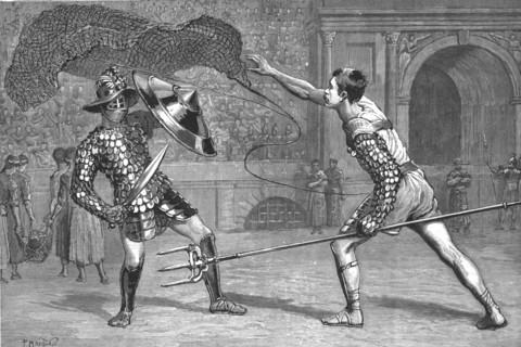 ''The Roman Gladiatorial Games at the Italian Exhibition, Earls Court', 1888. Creator: Percy Macquoid.