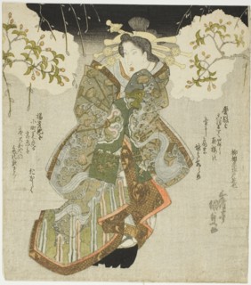 The actor Iwai Kumesaburo II as the courtesan Katsuragi in the play "Oichiza Soga no Shima..., 1827. Creator: Utagawa Kunisada.