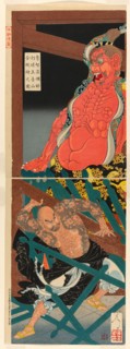 Lu Zhishen in a Drunken Rage Attacking the Guardian Figure at the Temple on Moun..., September 1887. Creator: Tsukioka Yoshitoshi.