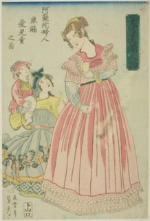 Dutch Woman Making a Toast to Her Children (Oranda fujin kyosho aijido no zu), from the se..., 1860. Creator: Sadahide Utagawa.