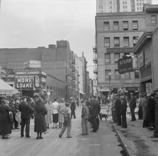 General view of army and crowds, Salvation Army, San Francisco, California, 1939. Creator: Dorothea Lange.