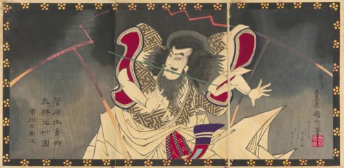 The actor Ichikawa Udanji I as Sugawara no Michizane in the play "Shinrei Sugawara Jikki,"..., 1883. Creator: Toyohara Kunichika.