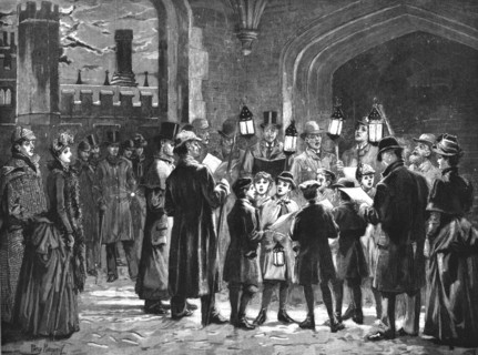 ''Carol Singing on Christmas Eve at Hampton Court Palace', 1888. Creator: Unknown.