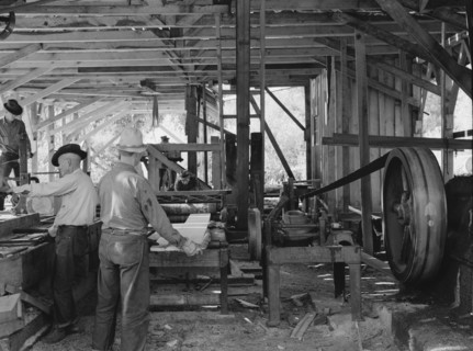 Possibly: The sawmill in operation, Ola self-help sawmill co-op, Gem County, Idaho, 1939. Creator: Dorothea Lange.
