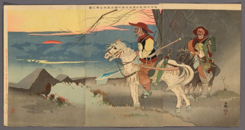 Manchurian Horsemen Scouting from a Distance the Japanese Camp Near Sauhoku (Sokako..., 1894/95. Creator: Taguchi Beisaku.