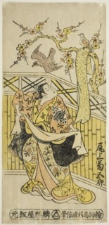 The Actor Onoe Kikugoro I as Tokiwa in the play "Tonozukuri Genji Junidan," performed..., 1744. Creator: Torii Kiyomasu.