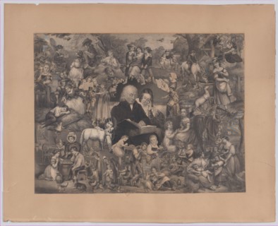 Collage of printed elements centered on a Man and Young Woman Reading, 1851-1866. Creator: Illman Brothers.