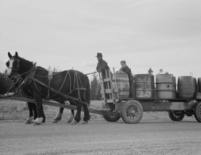 Possibly: Farmer and his boy hauling water for drinking and domest..., Boundary County, Idaho, 1939. Creator: Dorothea Lange.