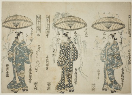 The Actors Onoe Kikugoro I (right), Sanogawa Ichimatsu I (center), and Sanogowa Senzo..., c. 1748. Creator: Torii Kiyonobu II.