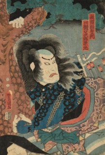 Actor Nakamura Utaemon IV as the Boatman Matsuemon, actually Higuchi Jiro Kanemitsu..., 1849. Creator: Utagawa Kunisada.