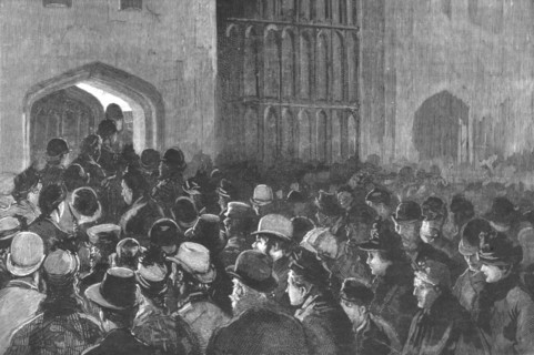 ''Distributing the Queen's New Year Gifts at Windsor; The crowd outside the Riding School...', 1890. Creator: Unknown.