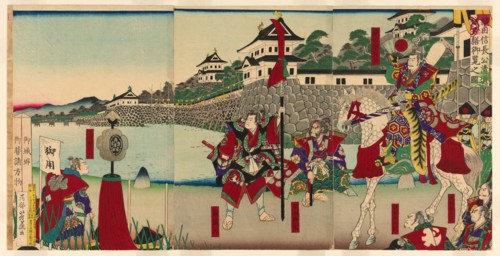 Lord Oda Nobunaga Viewing the Restoration of Kiyosu Castle (Oda Nobunaga ko Kiyosujo..., 1888. Creator: Yoshifuji.