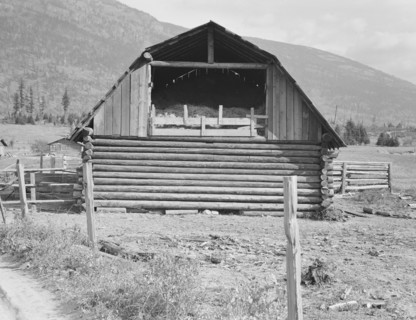 Log barn, FSA borrower plans to develop dairy ranch, Boundary County, Idaho, 1939. Creator: Dorothea Lange.
