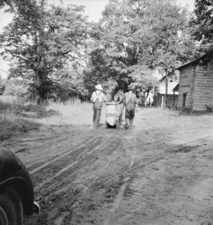 Mr. Taylor and wage laborer slide tobacco..., Granville County, North Carolina, 1939. Creator: Dorothea Lange.