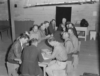 Meeting of the camp council, FSA camp, Farmersville, California, 1939. Creator: Dorothea Lange.