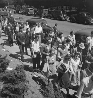 Students assembling for Peace Day address of General Smedley Butler, Berkeley, CA, 1939. Creator: Dorothea Lange.