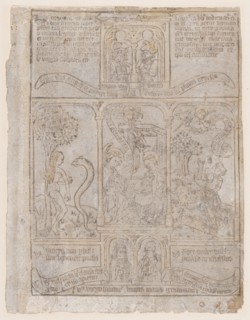 The Annunciation, flanked by Eve and the Serpent and Gideon's Fleece, from a Biblia Pa..., ca. 1465. Creator: Anon.