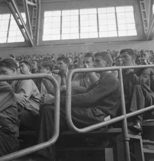 Student audience listening to Peace Day address of General Smedley Butler, Berkeley, CA, 1939. Creator: Dorothea Lange.