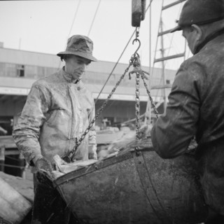 Possibly: New England fishermen unloading fish at the Fulton fish market, New York, 1943. Creator: Gordon Parks.
