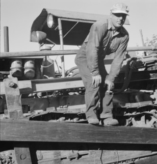 Possibly: Bulldozer raises and pushes stump on cut-over farm, Lewis County, Western Washington, 1939 Creator: Dorothea Lange.